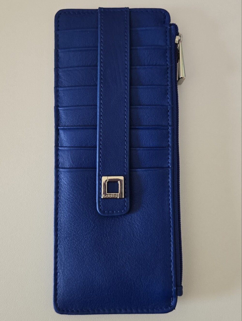 Lodis RFID Blue Leather Slim Wallet Card Holder Zip Pocket New